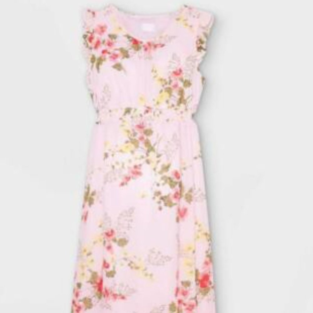 Maternity Maxi Dress, Floral with V neck and Sleeve Ruffle Detail, size XL